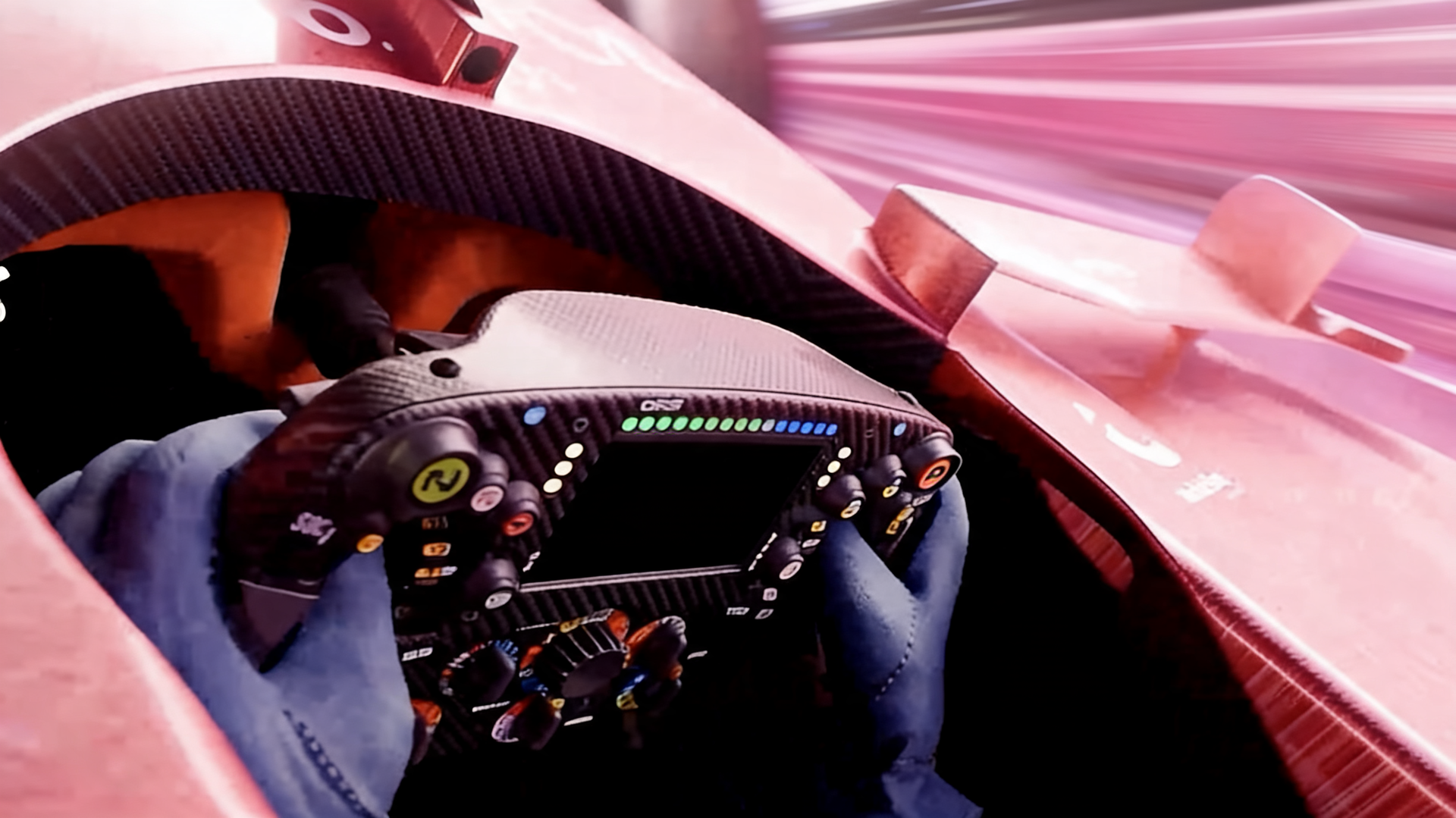 QuickWin Casino Bonus-Banner: Cockpit-Perspektive eines Formel-1-Rennwagens mit rotem Lenkrad und goldenen Akzenten